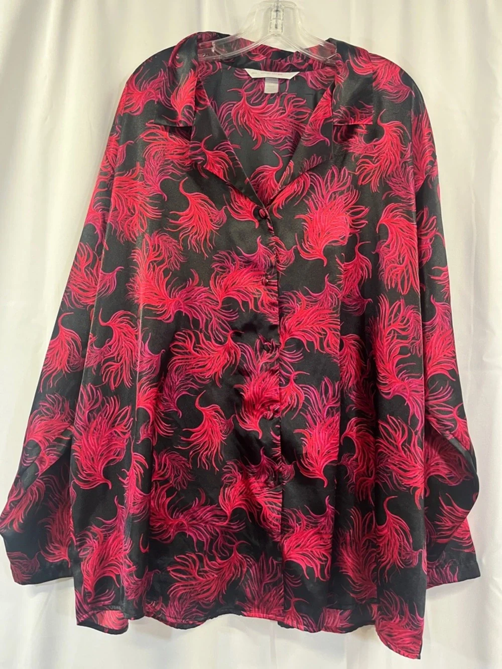 Cacique Black and Hot Pink Feather-Print Satin Pajama Set - Picture 2 of 6